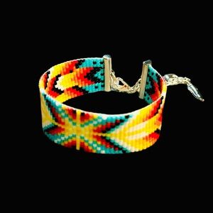 Hand woven loom adjustable beaded cuff panel bracelet Southwest Native American
